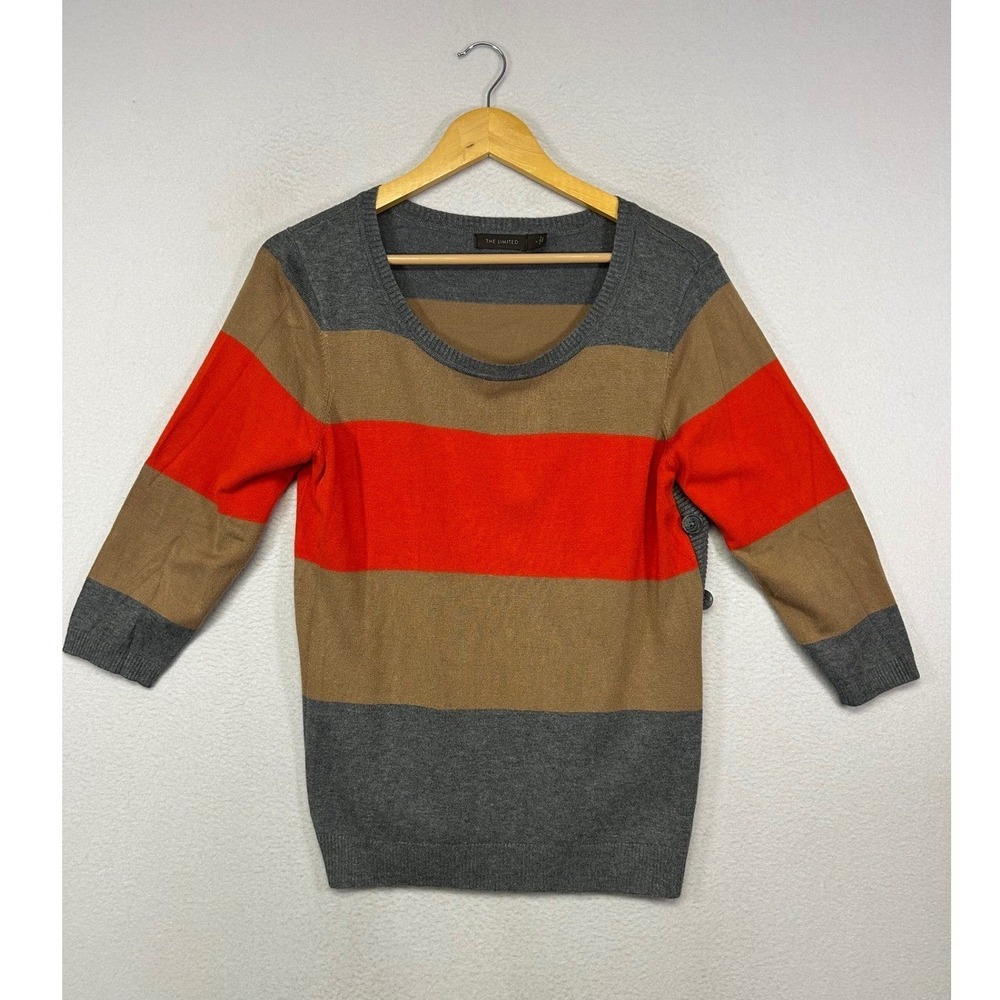 Retro Mod The Limited Womens Large Grey Tan Orange Striped Side Button Sweater